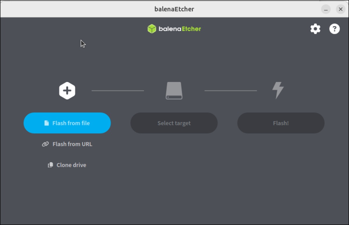 balenaEtcher USB installer screen for writing an OS image balenaEtcher showing Flash from file, Select target, and Flash steps for writing a server OS image to a USB stick