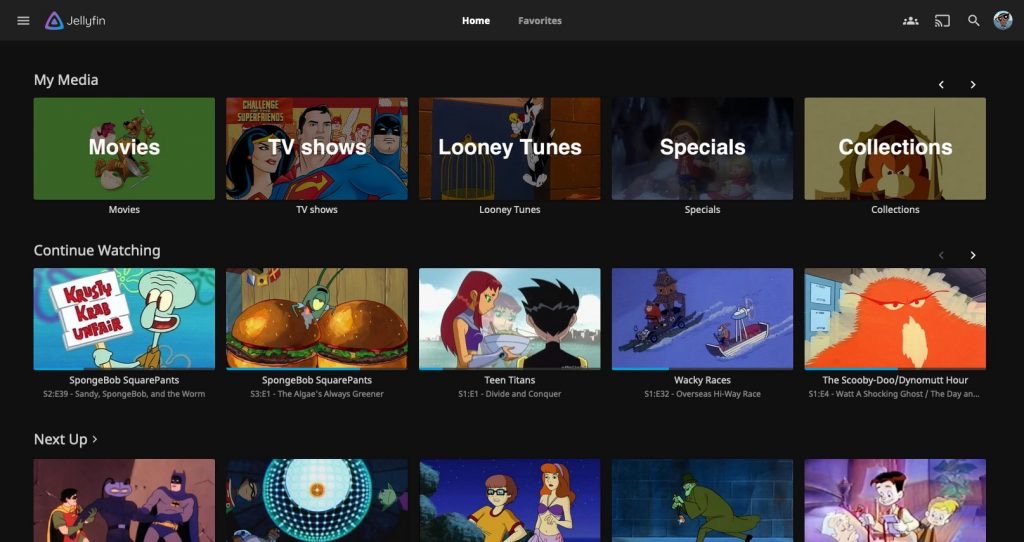 Jellyfin media library home screen Jellyfin home screen showing movie and TV show libraries with continue watching rows