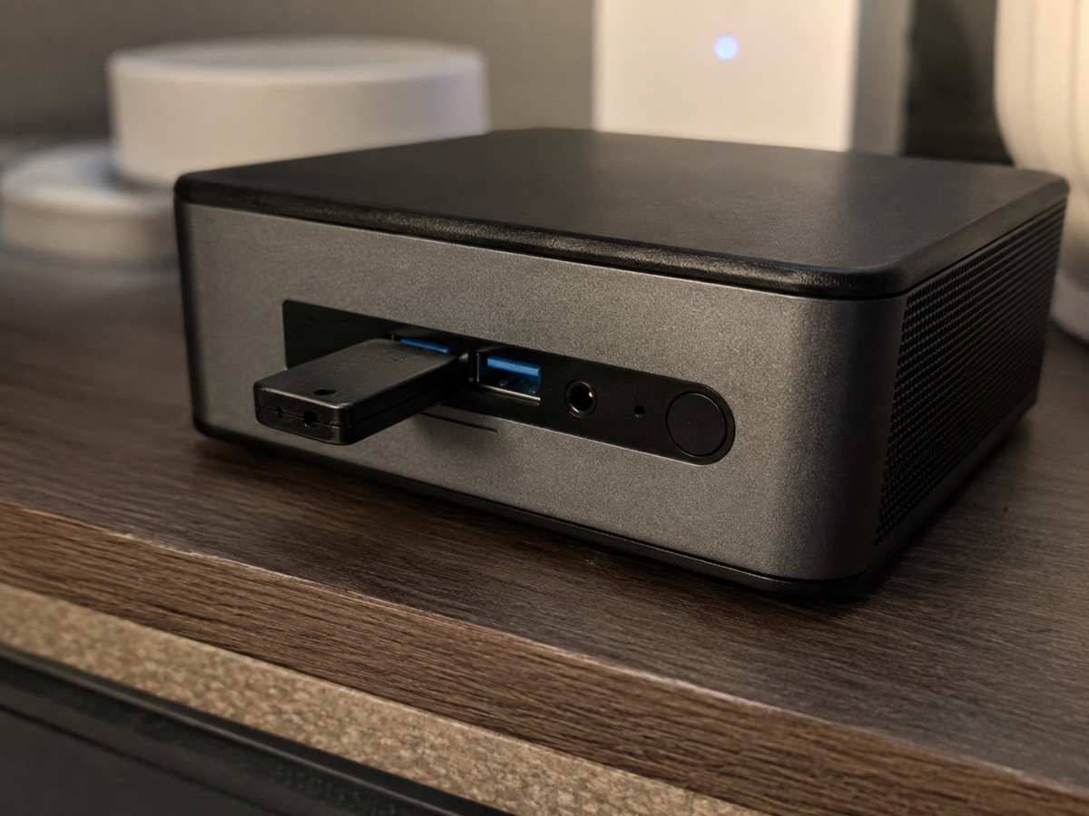 Mini PC booting from a USB installer Mini PC with a USB installer plugged into the front USB port before booting into the operating system installer