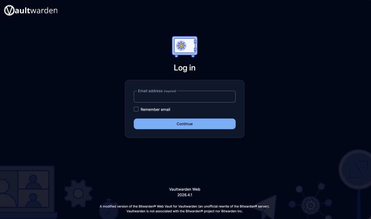 Vaultwarden web login screen Vaultwarden web login screen running on a self-hosted password manager